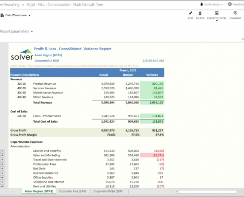 Consolidated Multi-level Profit & Loss Monthly Variance Report Example