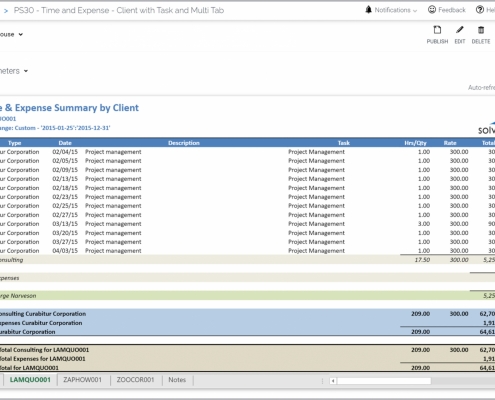 Example of a Time and Expense Summary Report by Client for Professional Services Companies